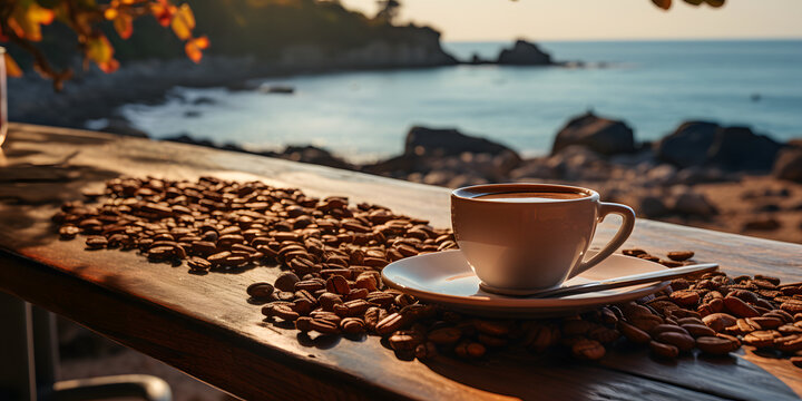 A Cup of Coffee on the Table with a Beautiful Beach View