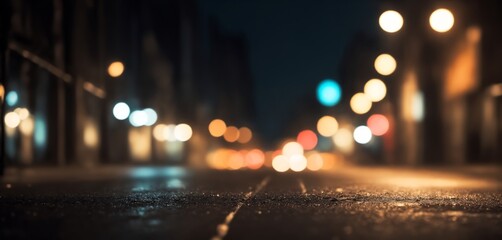Bokeh on the night city street in summer time dark themed wide banner with copy space area 