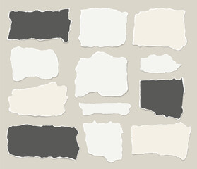 Set of torn, ripped paper strips with soft shadow are on light background for text or ad.