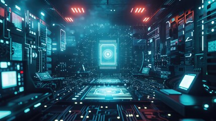 High Tech Lab, Surrounded by various electronic devices and monitors displaying complex data. technological innovation background