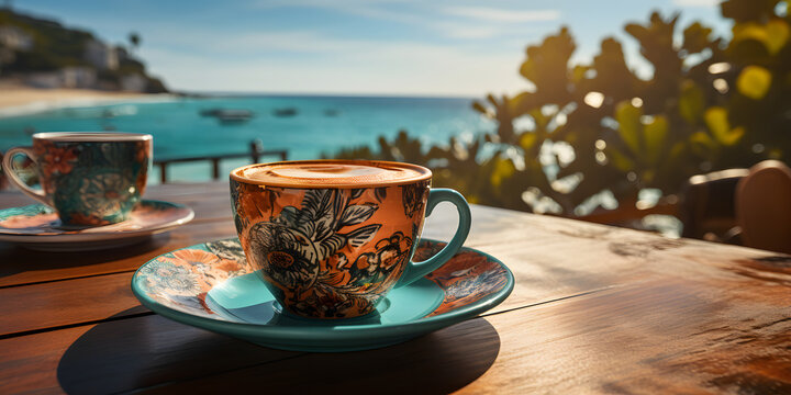 Cup of Coffee on Table with Tropical Summer Beach Background