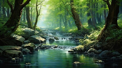 Forest stream with crystal-clear waters flowing gently through the tranquil woods. Nature's serenity, clear stream, pristine beauty, serene ambiance. Generated by AI.