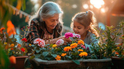 Grandmother and granddaughter taking care of some flowers on a spring morning - obrazy, fototapety, plakaty