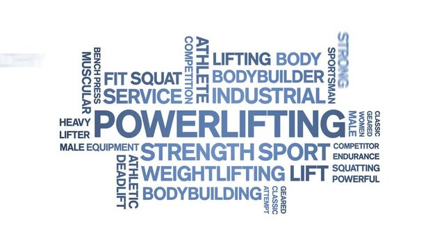 Powerlifting animated word cloud;text design animation tag kinetic typography seamless loop.