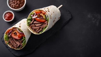 hot smoky fresh grilled donner or Burrito beef wrap roll hot ready to serve and eat as dark background with copy space area