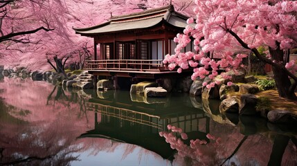 Tea house nestled amidst cherry blossoms, offering a serene sanctuary in nature's embrace. Serene ambiance, cherry blossom sanctuary, tranquil haven. Generated by AI.