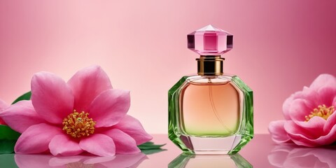 luxury glass or crystal perfume bottle with flowers background in pink green theme as a wide banner with copy space area