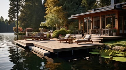 Fototapeta na wymiar Tranquil lakeside hideaway featuring a dedicated dock for fishing and boating, providing a peaceful retreat surrounded by nature's beauty. Lakeside tranquility, fishing dock. Generated by AI.