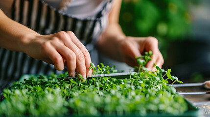 Woman pruning microgreens in container closeup