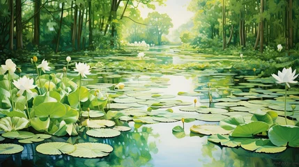 Wandcirkels plexiglas Reeds and lily pads, where frogs add to the serene atmosphere, creating a peaceful escape in nature. Tranquil pond, reeds, lily pads, frogs, serene atmosphere. Generated by AI. © Татьяна Лобачова