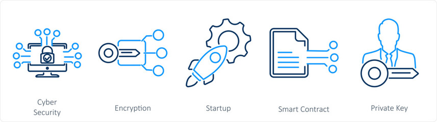 A set of 5 Blockchain icons as cyber security, encryption, startup
