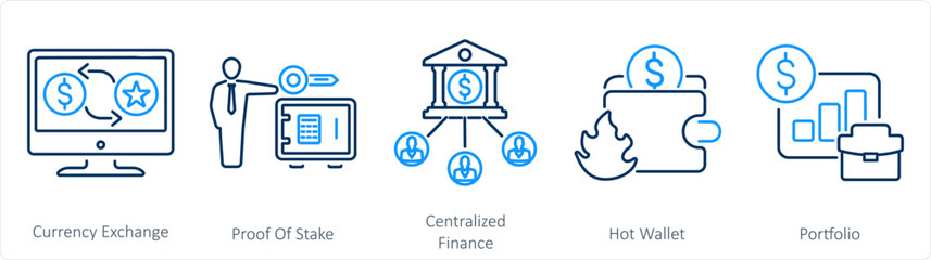 A set of 5 Blockchain icons as currency exchange, proof of stake, centralized finance