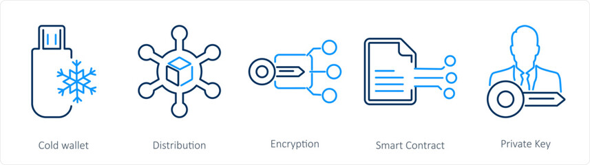 A set of 5 Blockchain icons as cold wallet, distribution, encryption