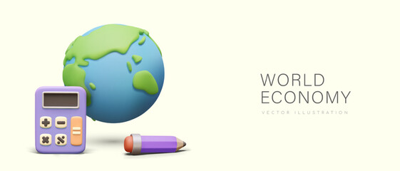 World economy. Realistic globe, calculator, pencil. Calculation, financial education
