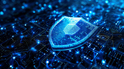 Shield on blue technology background. Data protection concept. Cyber Security Privacy Business Internet