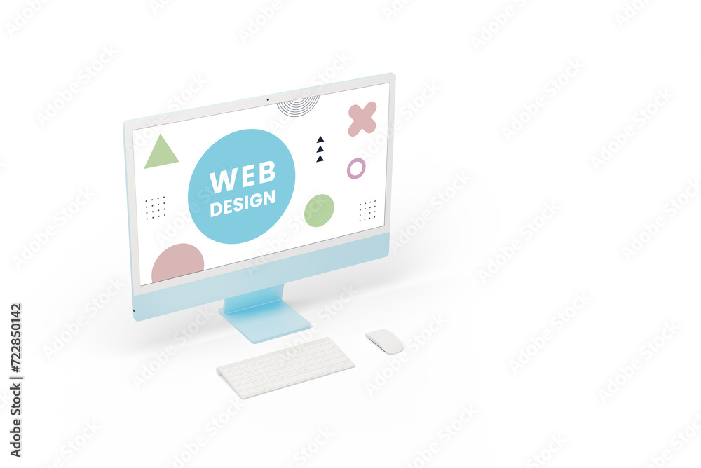 Aufkleber Computer display on a white background, featuring Web Design text with various graphic elements. Minimalistic super clean and modern