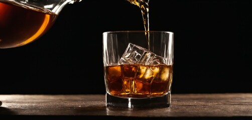 Pouring whiskey on a glass on vintage wooden table on a black background with copy space area 