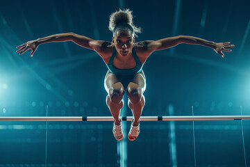 a beautiful athlete doing high jump. front view. she is suspended in air