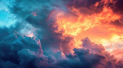 Stormy sky during sunset, colored clouds in sun