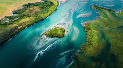 a view from a height of the river delta on a summer day - obrazy, fototapety, plakaty