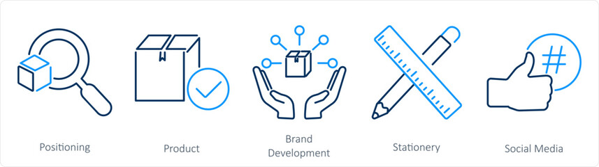 A set of 5 Branding icons as positioning, product, brand development - obrazy, fototapety, plakaty
