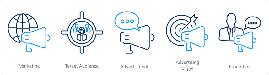 A set of 5 Branding icons as marketing, target audience, advertisement