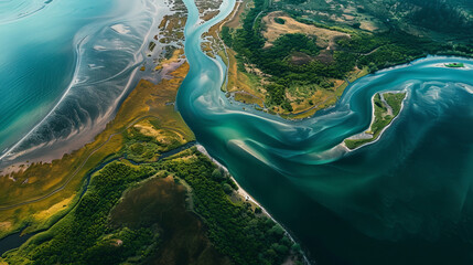 a view from a height of the river delta on a summer day - obrazy, fototapety, plakaty