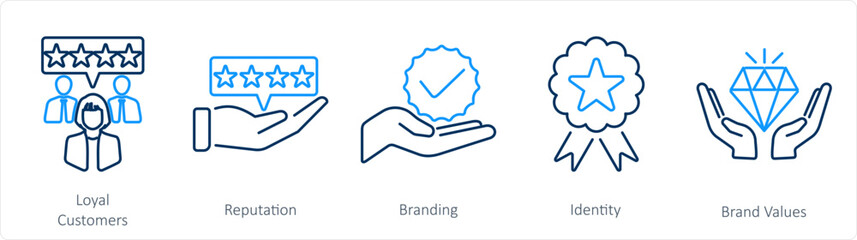 A set of 5 Branding icons as loyal customer, reputation, branding