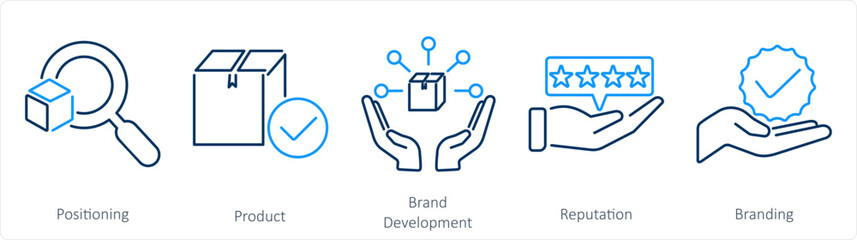 A set of 5 Branding icons as positioning, product, brand development