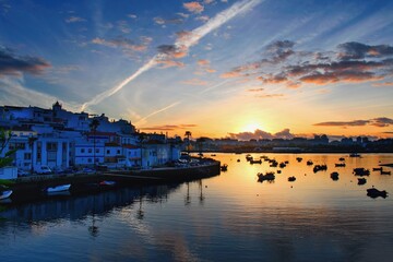 Sunset in Ferragudo fisherman village, Algarve Portugal