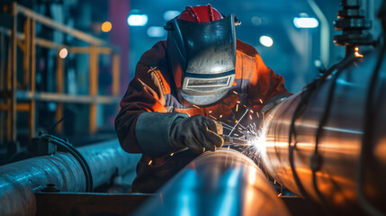 A welder in equipment and a mask welding a pipe - obrazy, fototapety, plakaty