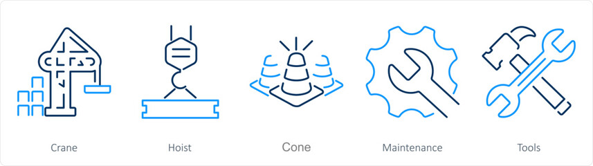 A set of 5 Build icons as crane, hoist, cone