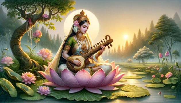 Watercolor illustration of a goddess saraswati sitting on a lotus flower in a serene lake.