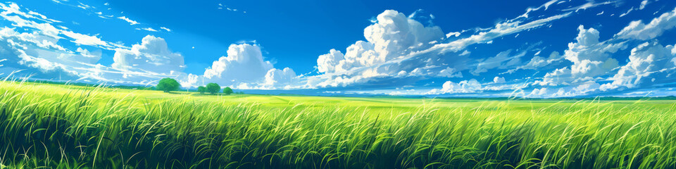 Fototapeta na wymiar Green meadows with blue sky and clouds background. Beautiful anime style