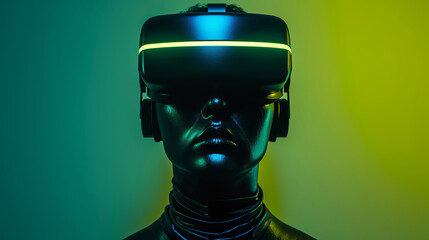 Metaverse technology concept. Black woman with VR virtual reality goggles. Futuristic lifestyle in dark green.