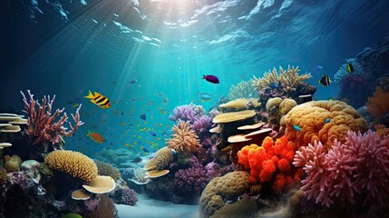 Coral reef bustling with vibrant marine life, an enchanting mosaic of colorful corals and a kaleidoscope of aquatic species. Teeming biodiversity, aquatic wonderland. Generated by AI.