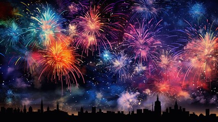 Fireworks igniting the night sky, painting a dazzling and multicolored spectacle that enchants the senses. Multihued explosions, nocturnal display. Generated by AI.