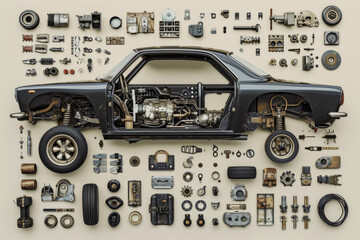 a car model disassembled into small parts
