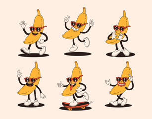 Fototapeta premium Groovy banana mascot in different poses. Funky retro character. Set of cartoon bananas, smiling, walking, on skateboard, showing heart with hands.
