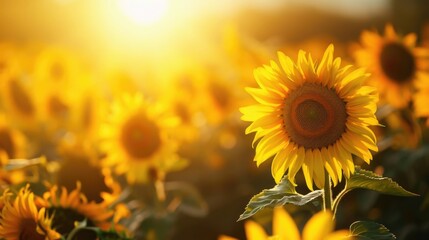 Fototapeta premium Sunflower field in sunset background