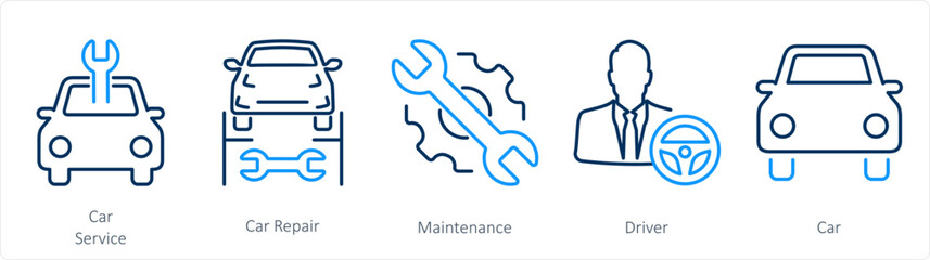 A set of 5 Car icons as car service, car repair, maintenance