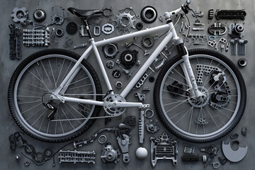 Components of a bike, compact view, deconstructed for many parts carbon fiber fork - obrazy, fototapety, plakaty