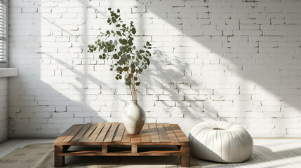 Wooden coffee table with eucalyptus branches