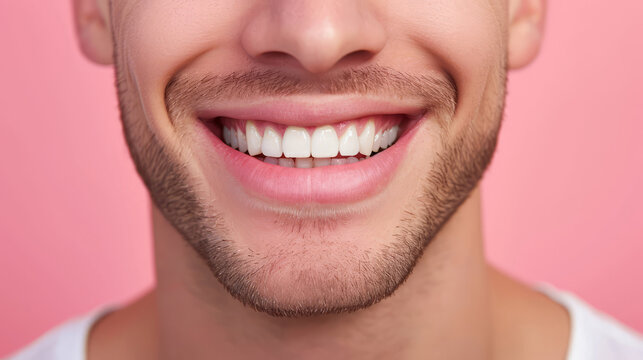 Beautiful male smile after teeth whitening procedure. Dental care. Dentistry concept.