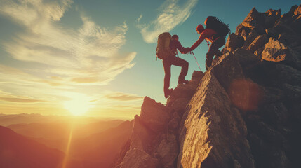 People helping each other hike up a mountain at sunrise. Giving a helping hand, and active fit lifestyle concept.