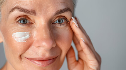 Close up photo of pensioner woman touch under eye skin apply hydrating cream balm isolated on grey color background