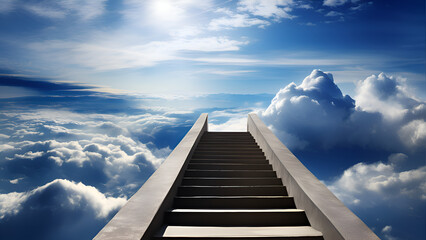 Stairway Curving Through Clouds Into The Light Of Heaven With Blue Sky