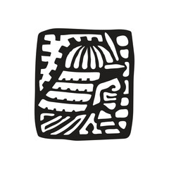 Black and white illustration of Japanese bushido or samurai helmet inside square tablet with ornate decoration