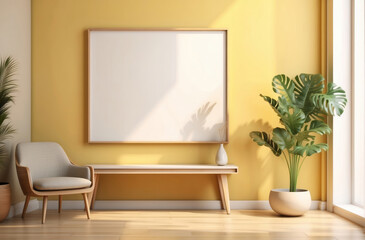 modern living room with fresh yellow wall and big poster frame mock up