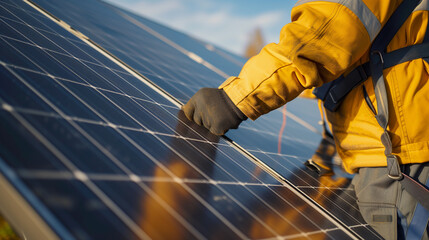 A man wearing a yellow jacket is actively working on installing a solar panel - obrazy, fototapety, plakaty